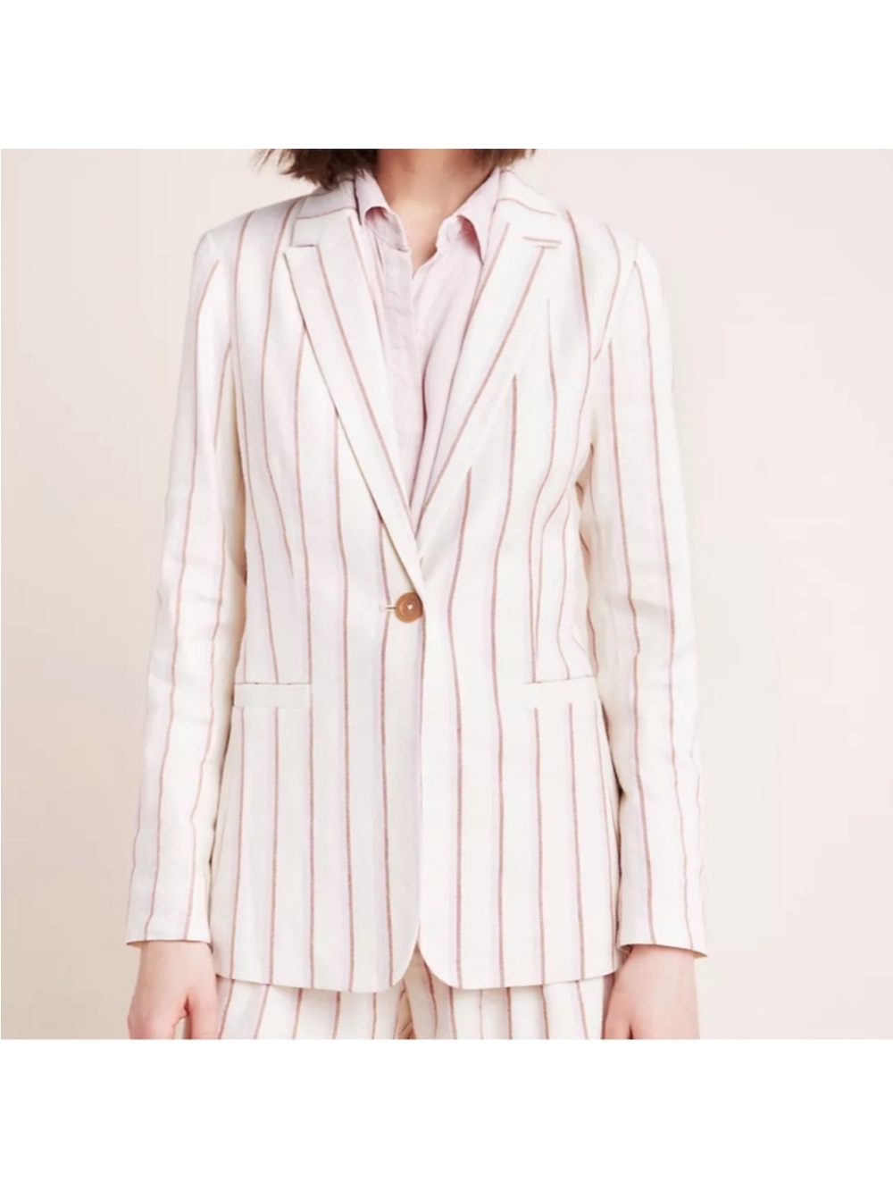 Anthropologie Striped Linen Blend Blazer US 6 Pink Ivory One Button
